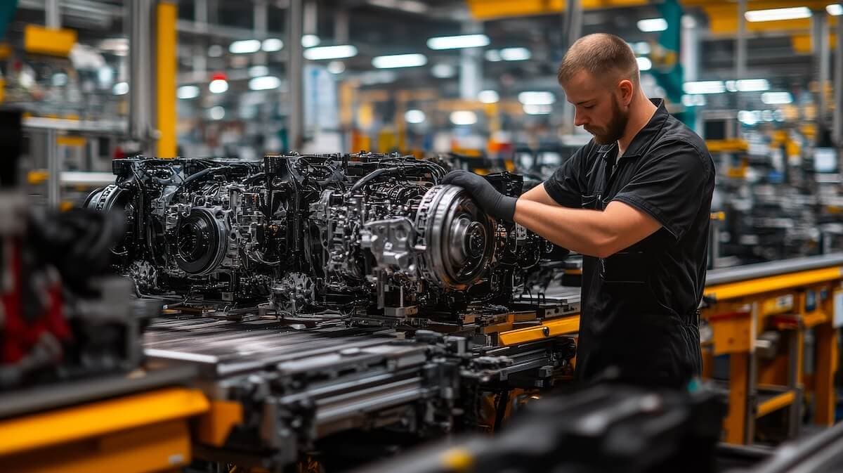 Un homme travaillant sur une ligne d'assemblage automobile, vêtu de vêtements de travail noirs et de gants, assemblant soigneusement un grand composant de moteur sur un convoyeur dans une usine moderne et bien éclairée.