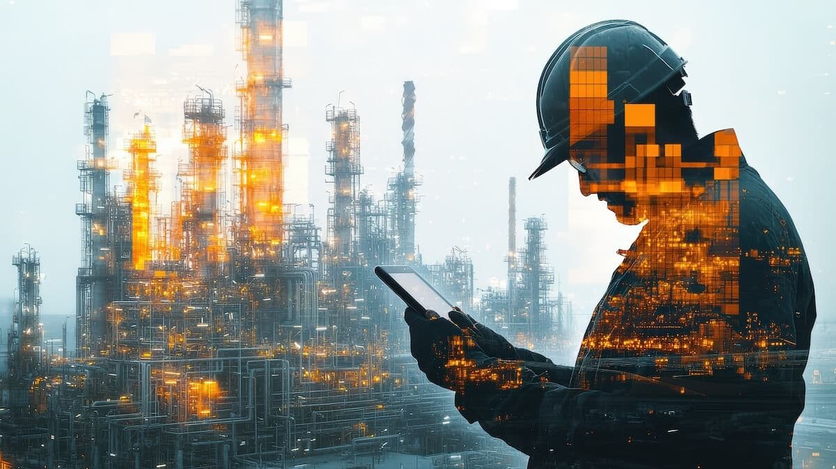 Ingénieur industriel en silhouette portant un casque de chantier, utilisant une tablette devant une grande raffinerie ou une usine chimique complexe, avec des blocs de données numériques orange lumineux superposés pour évoquer des opérations industrielles intelligentes, connectées et automatisées.