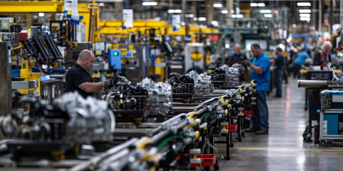 Wide view of an automotive assembly line with workers spaced along conveyor stations assembling large metal engine components inside a brightly lit factory.