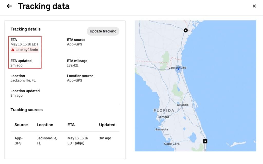 Tracking data screen