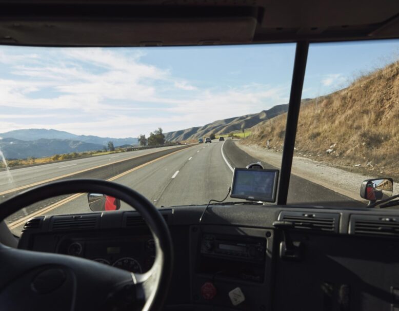 view of the road from inside truck