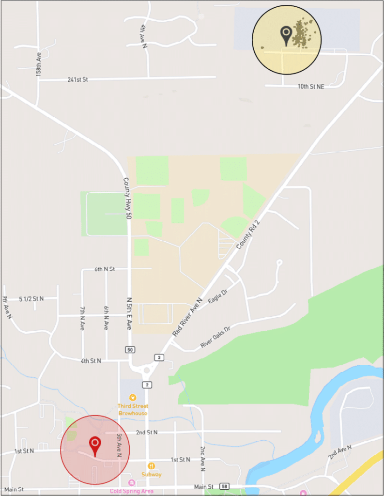 Figure 2 : La localisation de l'installation dans le système (cercle rouge) est incorrecte ; la localisation correcte peut être identifiée en analysant l'emplacement des pings GPS des transporteurs visitant l'installation.