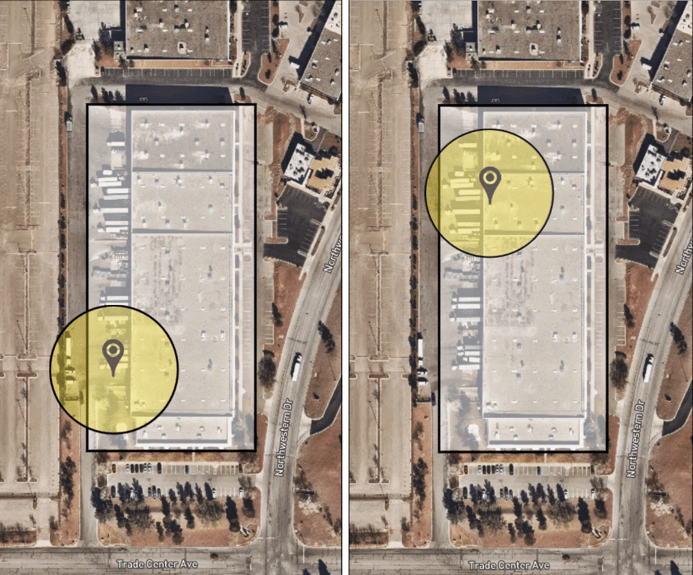 Figure 4: Two different locations and geofences identified at the same facility but connected to different shippers